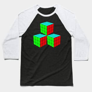 Three Rubik Cubes in a Triangle - Green, Light Blue and Red Baseball T-Shirt